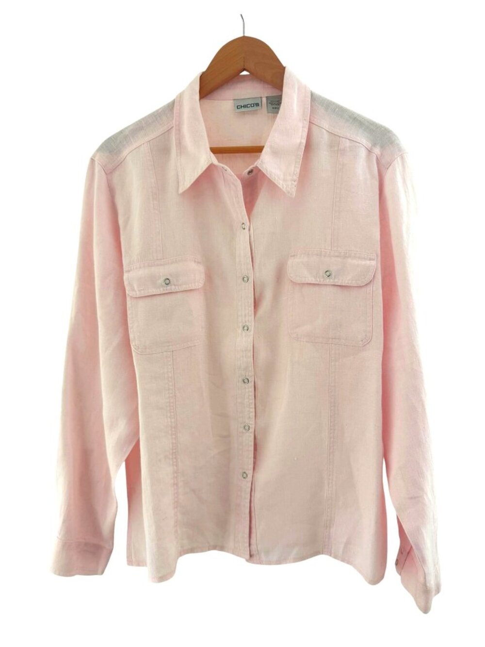Chico's Size 3 = XL/16 Blush Pink 100% Linen Snap Blouse Top Utility Shirt
